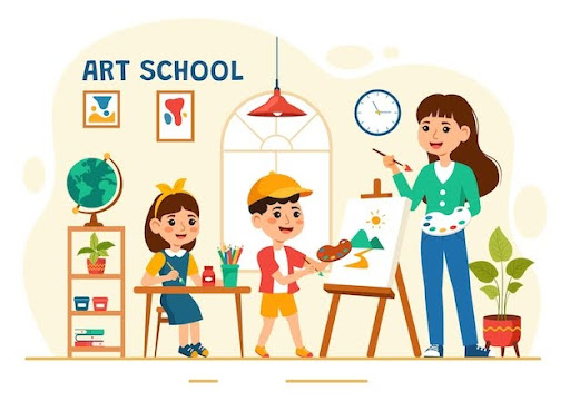 A teacher is teaching the kids how to paint.